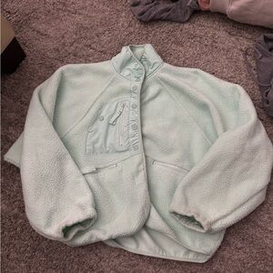 Green Teddy Jacket with High Collar and Relaxed Fit